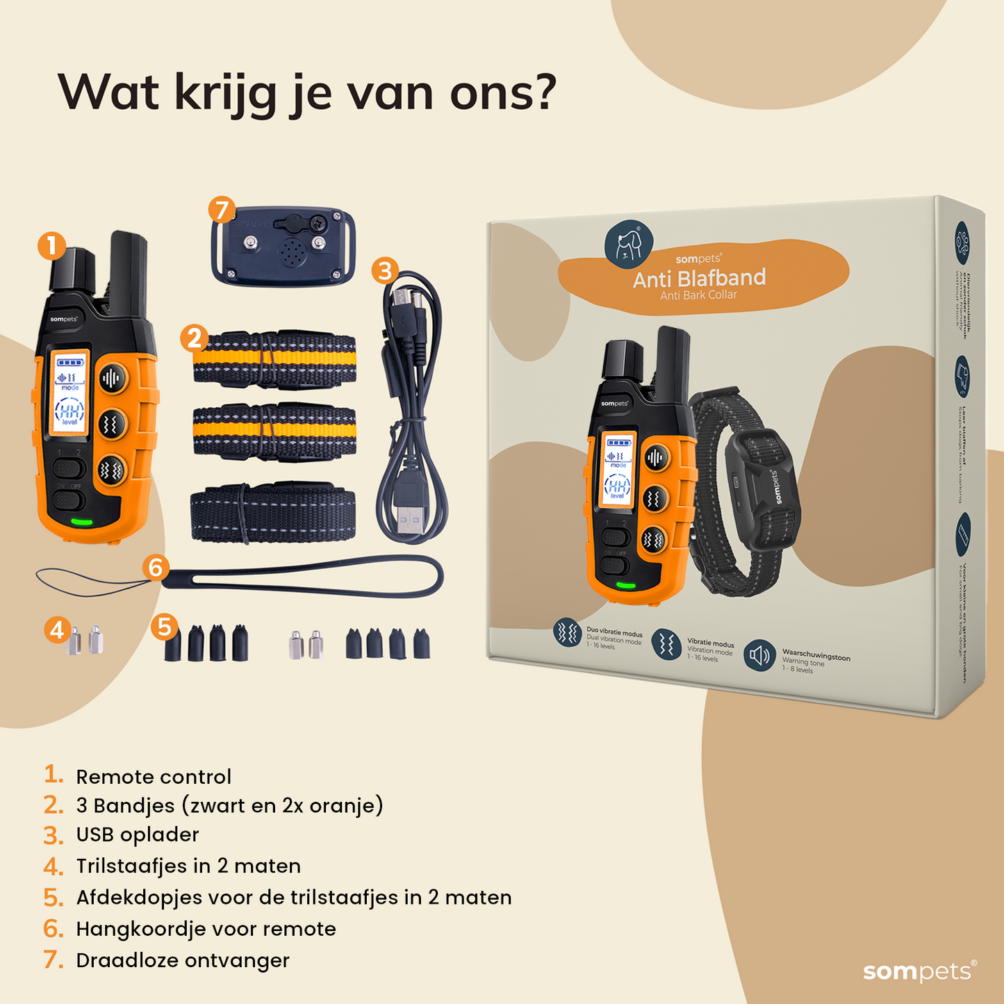 Sompets® - Anti Blafband met Afstandsbediening 3-in-1 - Voor Kleine en Grote Honden - Anti Blaf Apparaat - Zonder Schok - Opvoedingshalsband - Oranje